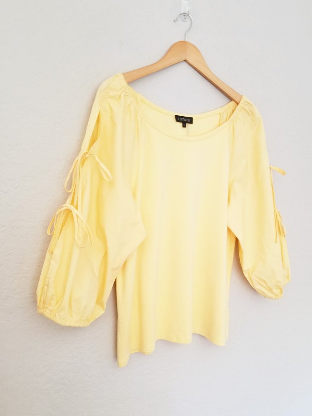 1. State Women' L Butter Yellow 3/4 Balloon Sleeve Tie Bow Blouse Top Coquette - Picture 10 of 14